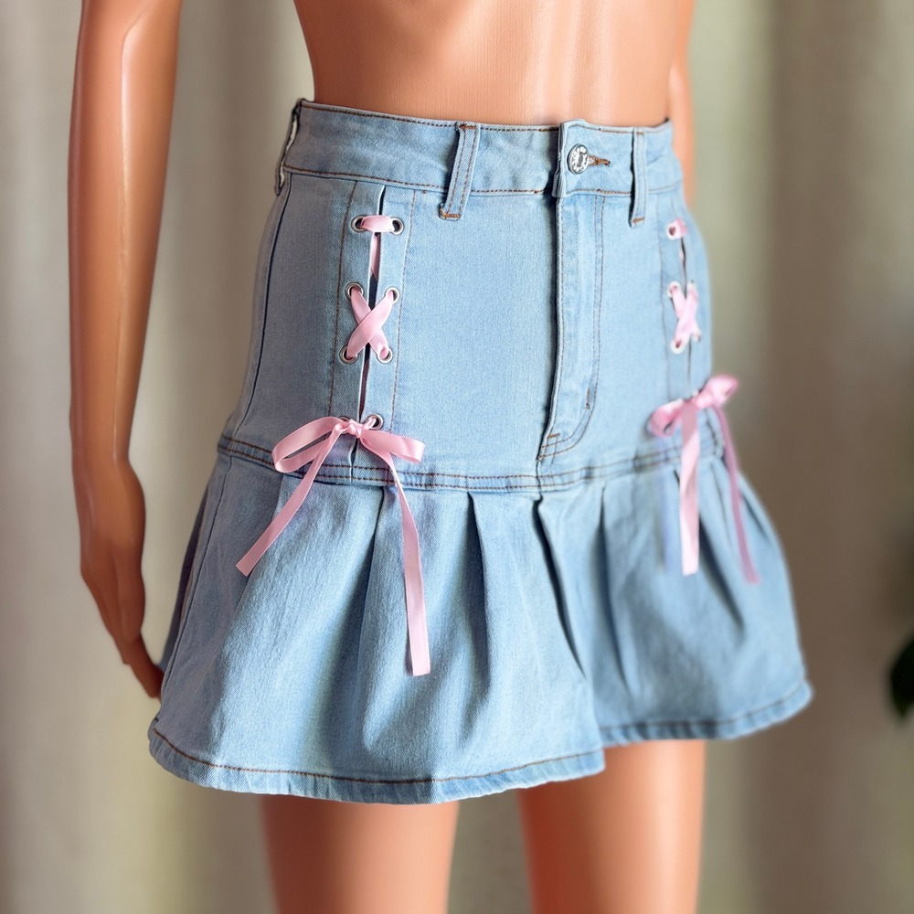 Light Wash Denim Mini Skirt Pink Ribbon Lace Up Pleated Coquette Balletcore S